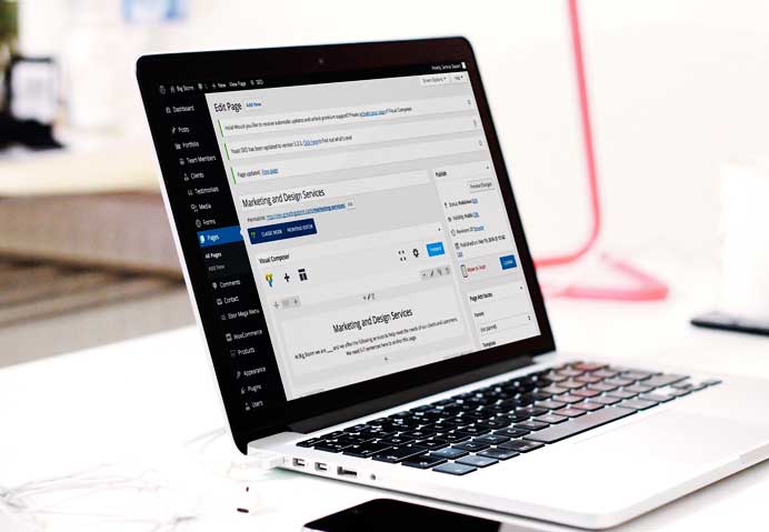 Services-Wordpress-692-479-1 laptop with WordPress editing screen showing in Bozeman, MT