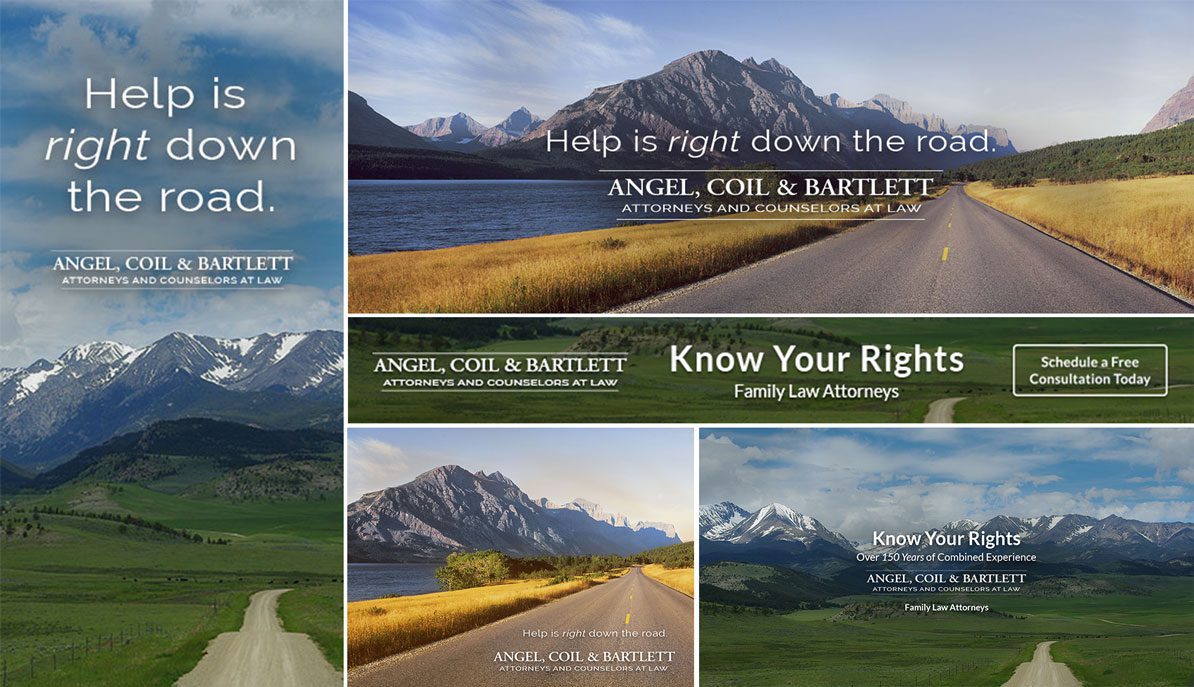 angel-coil-bartlett-digital-advertising-campaign-samples Facebook advertisements for Angel Coil & Bartlett, reading "Help is right down the road" and "know your rights"