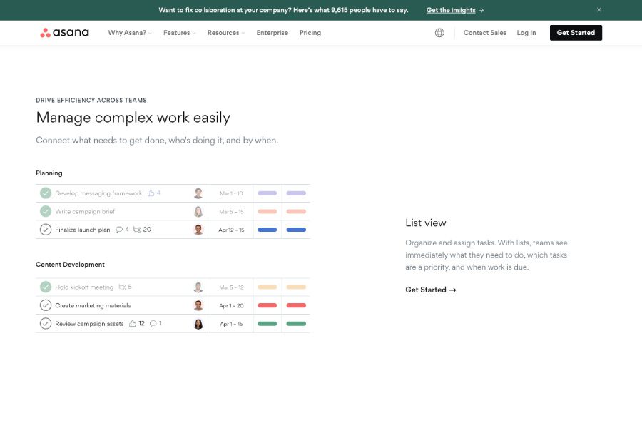 Asana interactive homepage task list example