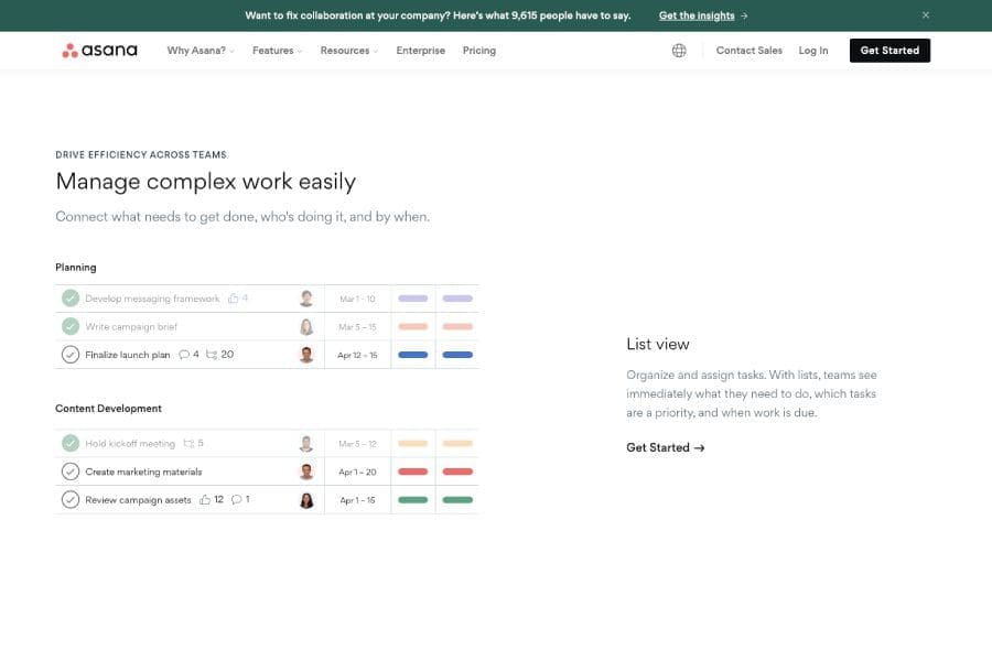 Asana interactive homepage task list example